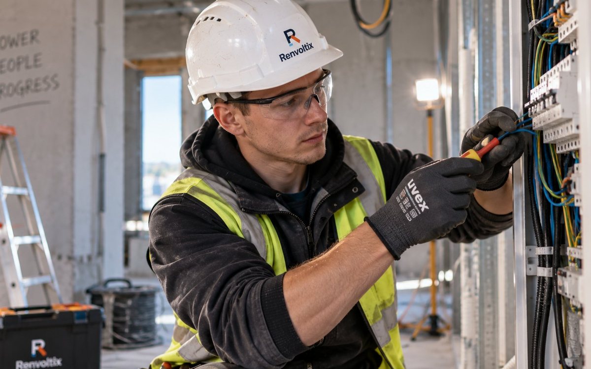Elektrik töötab elektrikilbi juures ehitusobjektil