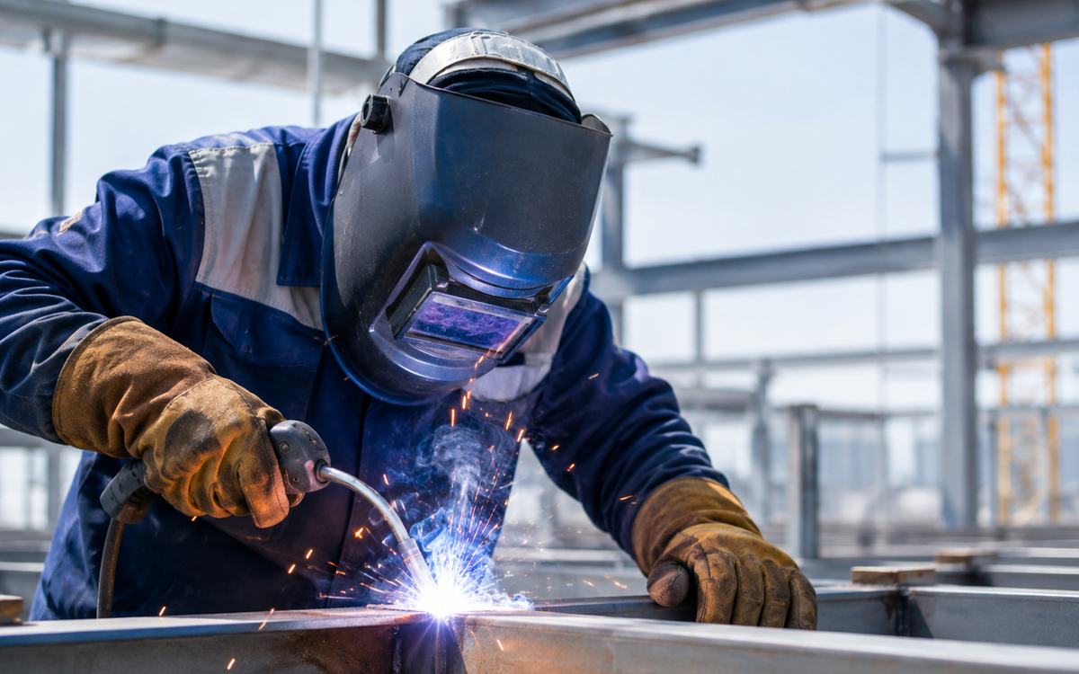 Keevitaja töötamas metallkonstruktsiooniga ehitusobjektil